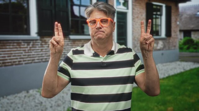 Man with grey hair and orange glasses making air quotes with both hands in front of a brick building facade, wearing a striped polo shirt; skepticism.