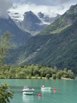 Alpine Valley with Glacier, Lake and Boats in Stryn, Norway
