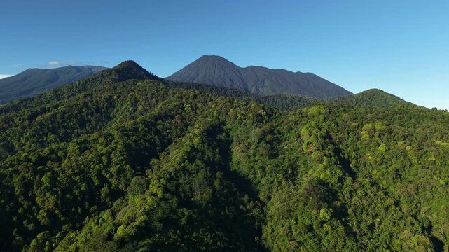 A drone flies over green forest hills with towering mountains against a clear blue sky. Mount Gede Pangrango National Park, Bogor.