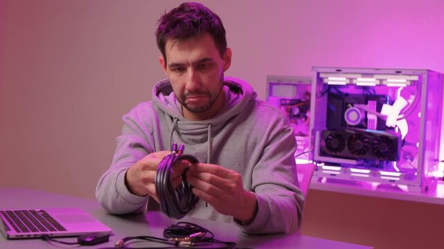 Preparing audio setup with focus on connection and ambient lighting. Attaching audio cable to laptop emphasizing precise finger placement and purple studio illumination