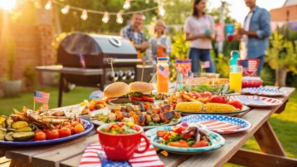 Outdoor barbecue table with grilled food vegetables and drinks during backyard family gathering, summer garden party meal for Independence Day Memorial Day Labor Day celebration © olgakris