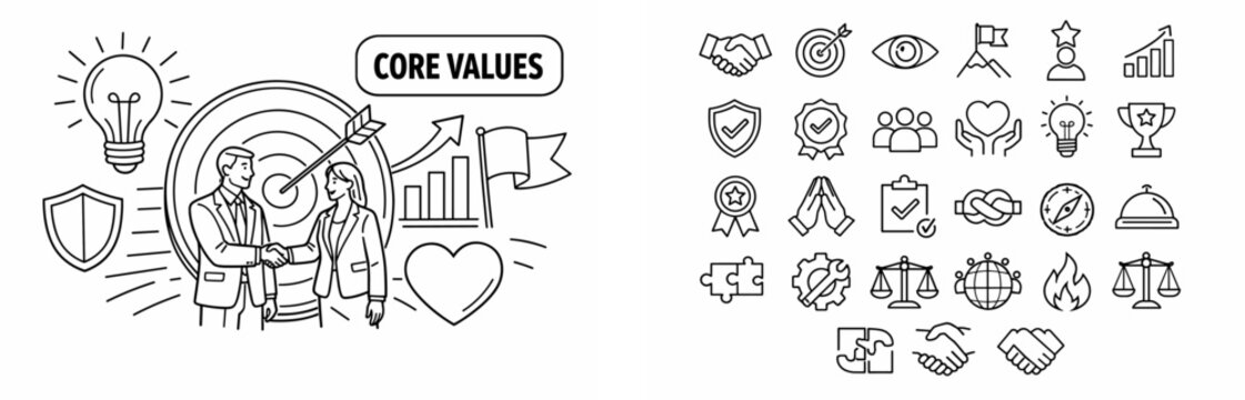 Business core values concept with icons representing success and teamwork