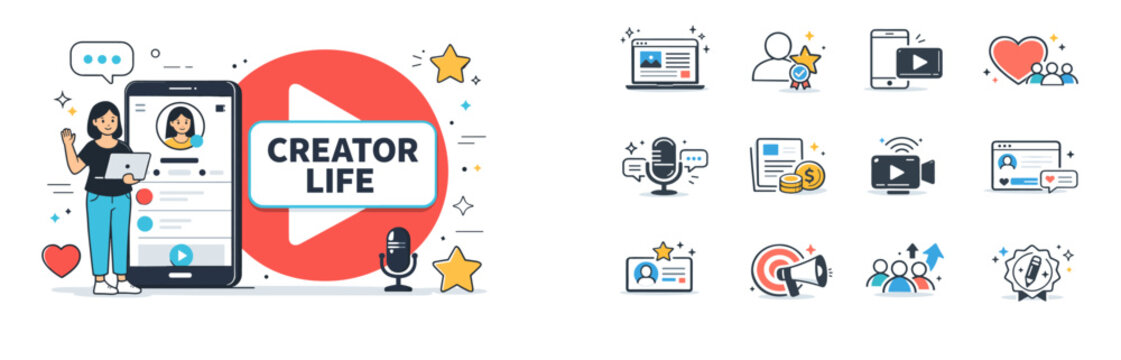 Digital creator life with social media icons and tools for online content
