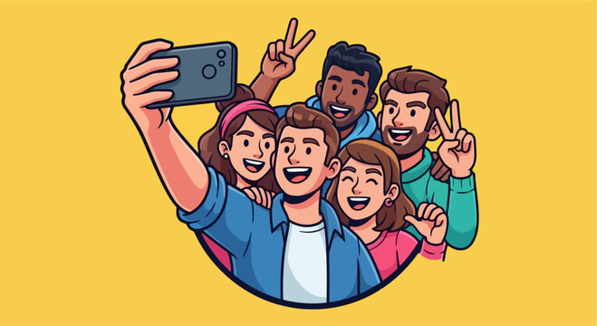 A group of happy friends taking selfie.