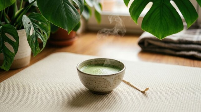 Steaming matcha tea bowl on a woven mat with house plants for calm tea time background and wellness beverage styling