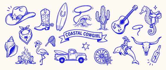 Fototapeta premium Coastal Cowgirl elements collection: A delightful collection of coastal cowgirl illustrations, each embodying the free-spirited essence of a cowgirl with a touch of coastal charm.
