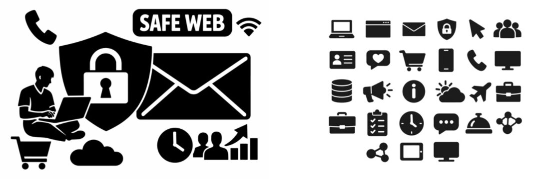 Secure online browsing and digital communication icons for safe web services