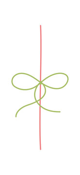 Whimsical hand drawn wedding bow with wavy string line in soft red and green. Cute romantic ribbon knot as minimal border and simple frame for valentine card or wedding invite template modern decor
