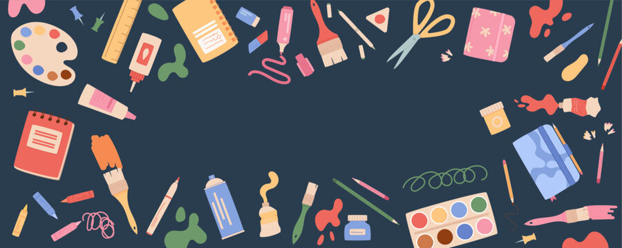 Flat art tool background template with colorful palette, pencil and brush on dark rectangle surface. Artist supplies frame scene as creative study kit for school or workshop and watercolor stationery