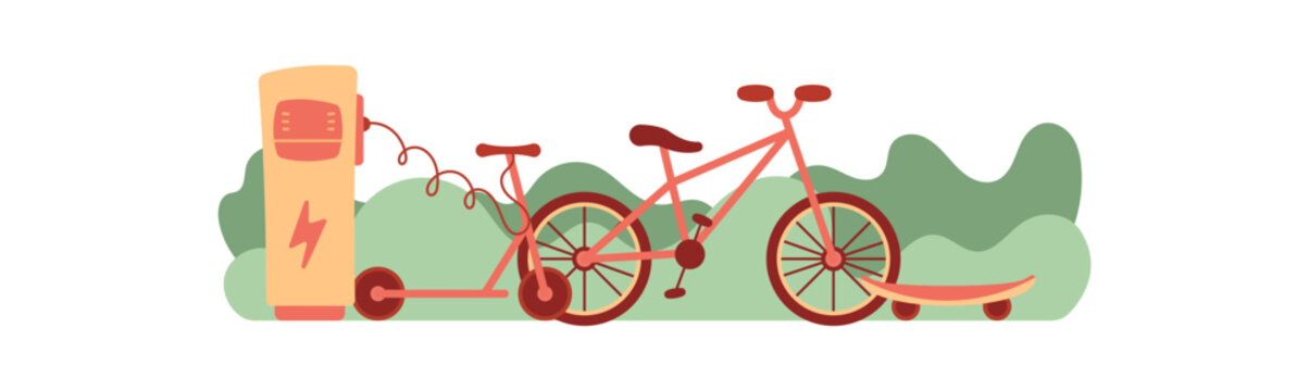 Flat eco electric transport scene with scooter and bicycle near station in soft green color. Ecological e and scooter form friendly mobility concept. Sustainable urban transport idea green lifestyle