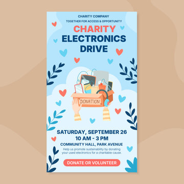 Charity electronic donation box flat poster. Volunteer hands hold a box with used electronic goods as a thoughtful gift for community support and help. Soft blue light background suits social media