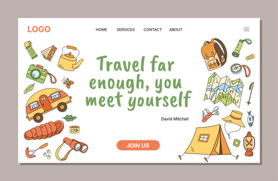 Colorful camp adventure sketch design in horizontal background with tent, map and compass equipment. Backpack and doodle elements add travel theme. Perfect for camp adventure concept.