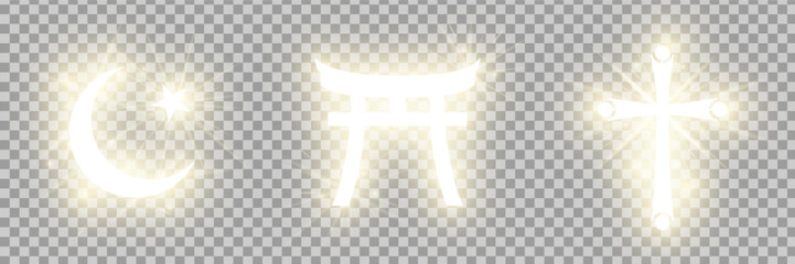 Shining gold Riligious symbols pack isolated on transparent background: Crescent and star (Islam sign), Tori Gate (Shinto sign), Catholic cross (Catholicism). Vector illustration © boxerx