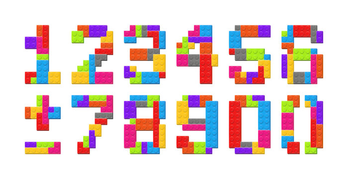 Numbers font alphabet made with colored plastik constructor parts isolated on transparent background. Play and build concept. Vector PNG illustration
