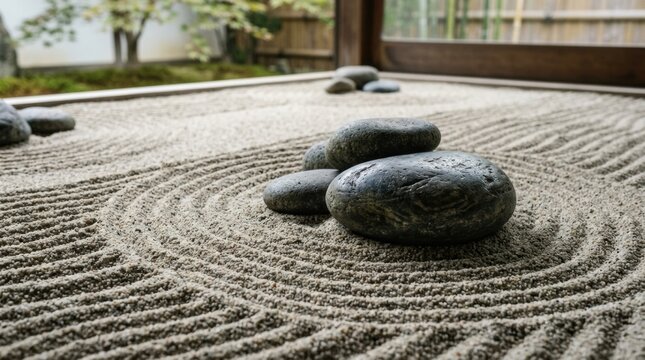 Closeup zen rock garden with large smooth stones and raked sand circles for japanese meditation background and minimalist design