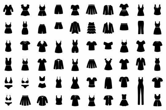 Minimalist women's clothing silhouette icons, set of 60 fashion apparel vector elements, black female garment outlines for retail and web design