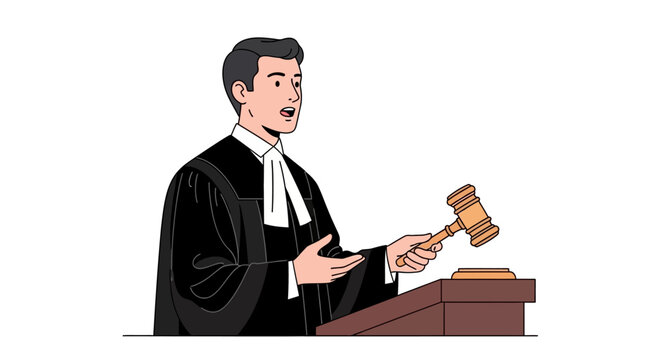 Judge in black robes holding a wooden gavel during court hearing
