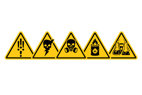 Industrial warning signs set with 5 hazard icons, yellow triangular caution symbols for chemical and biological danger, safety labels for toxic risk