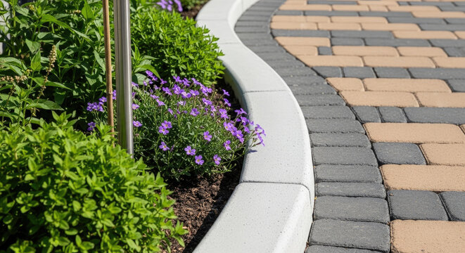 Curved garden edging with vibrant purple flowers and interlocking paving stones path