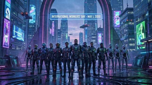 Futuristic Workers Unity &ndash; Cyberpunk International Labor Day Art
