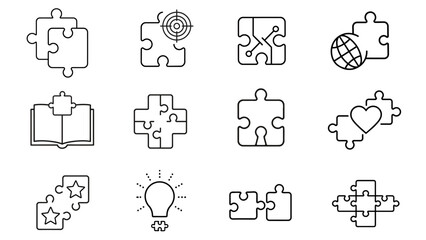 Fototapeta premium Puzzle pieces icon set. Puzzle jigsaw outline icons on white background. Black Thin Line Icon Emblem Concept. Vector editable illustration
