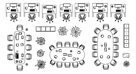 Naklejka premium top view of office desks with chairs plants and conference room furniture