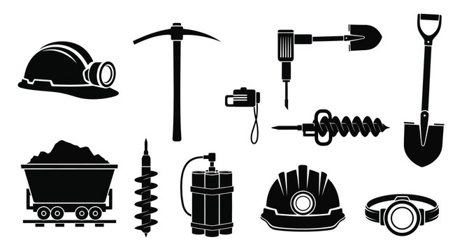 collection of mining tools and equipment silhouettes high quality professional detailed modern elegant stylish clean crisp vibrant colorful digital creative innovative