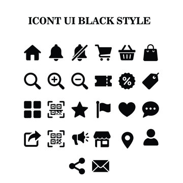 Black icons showcase various UI elements on a white background