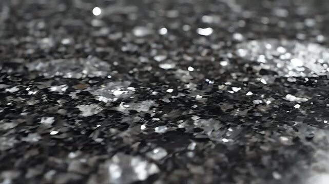 Closeup Macro Shot of Black Glitter Sparkles Reflecting Light.