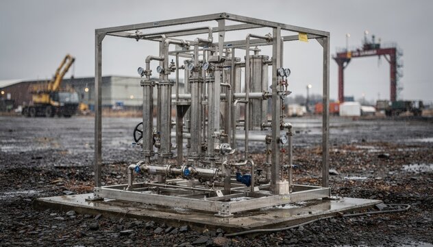 Medium shot of an outdoor advanced membrane separation skid showcasing robustness and weatherresistant features of this compact modular system in a rugged industrial setting.