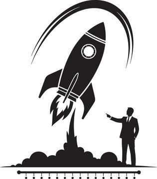 Businessman launching a rocket ship on a timeline with white backgroun