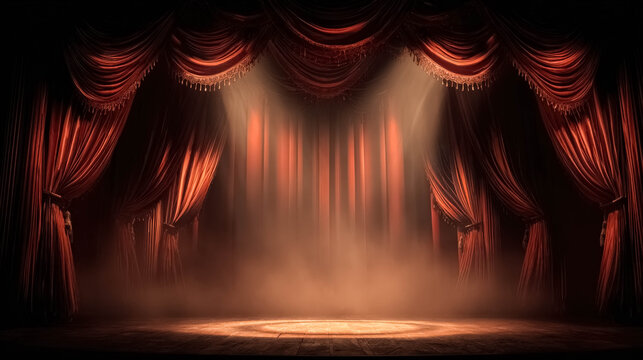 Empty retro cabaret stage with red velvet curtains and spotlight, vintage theater background and performance concept