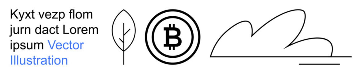 Obraz premium Cryptocurrency, sustainability, eco-finance, digital investments, nature, innovation. Black and white line art showing a Bitcoin symbol, a leaf and a cloud. Cryptocurrency and sustainability concept