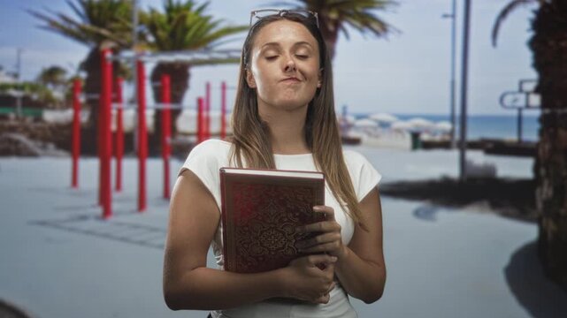Woman holding red ornate book, hands clasping cover, gaze lifted toward sky on a street by palm trees and red exercise bars; contemplation doubt.