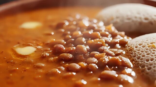 Closeup of steaming Ethiopian lentil stew with injera bread.