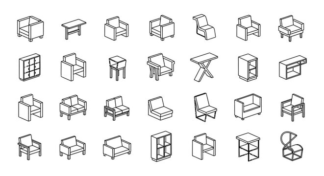 set of isometric furniture icons for interior design including chairs and tables