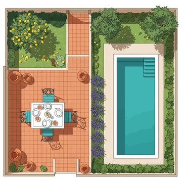 plan view illustration of a modern backyard with a swimming pool patio and garden perfect for outdoor living and landscape design concepts.