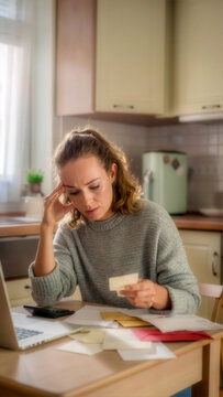 woman sitting at kitchen table holding bills, looking overwhelmed and stressed, soft natural light, realistic photo, 50mm lens, documentary style, high detail