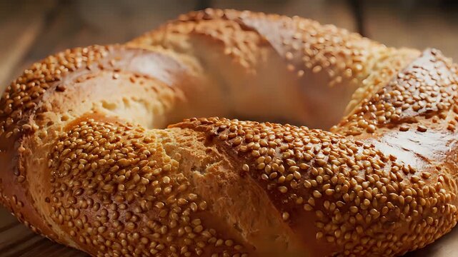 Delicious Turkish Bagel Covered in Sesame Seeds Close Up.