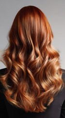 Fototapeta premium Woman with vibrant auburn hair flowing in soft waves, creating a luxurious and healthy hairstyle, showcasing professional color treatment for beauty and care