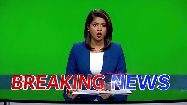 Female News Anchor Reporting Breaking News Live on Green Screen.