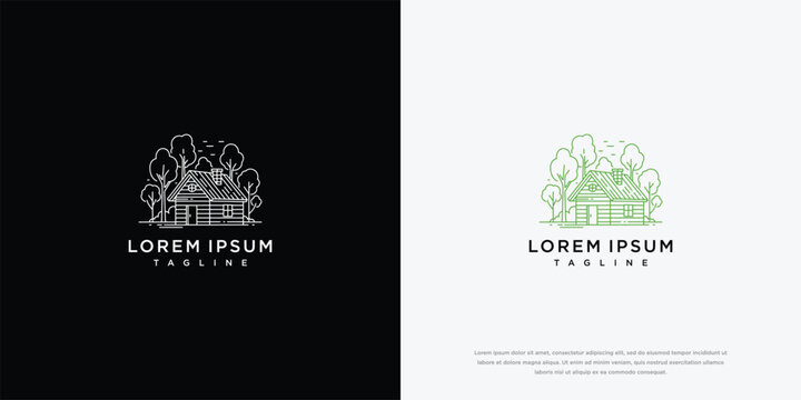 Minimalist House and Tree Logo Design on Black and White Background