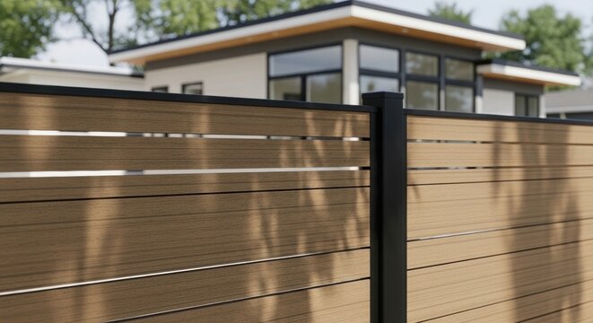 Modern fence with horizontal wooden slats and black metal frame in front of contemporary house. External boundary partition for residential backyard improvement and architecture design.