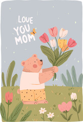 Love You Mom Bear Cub Greeting Card with Tulip Bouquet and Spring Garden, Cute Animal Mother's Day Illustration  © Masha Ashma