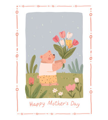 Happy Mother's Day Greeting Card Template with Bear Cub and Tulips in Spring Garden, Pink Decorative Frame  © Masha Ashma