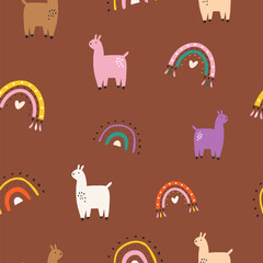 Fototapeta premium Seamless cute llama, alpaca and rainbow pattern for wrapping paper, nursery