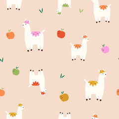 Fototapeta premium Seamless cute llama, alpaca pattern on beige background