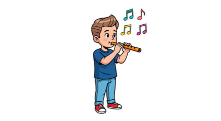 Cartoon boy playing flute, musical notes, colorful illustration, vector icon, kid musician, fun education © Perth