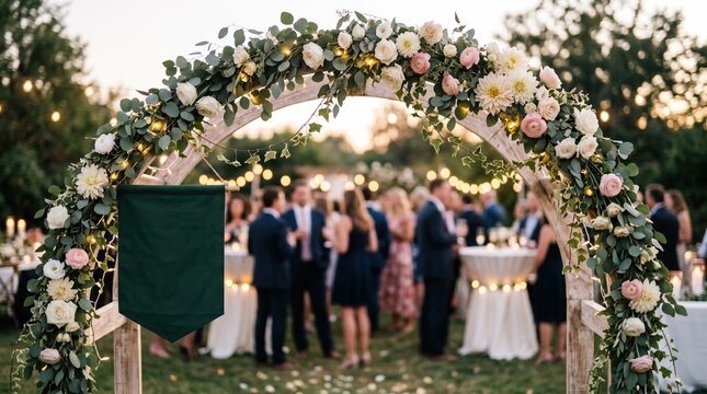 Chic engagement party arch elegantly captured in detail blurred romantic lighting and guests softly fading into background.