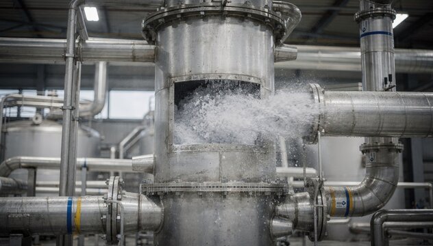 Medium shot of a wet scrubber system in action showcasing mist spray and piping used for cleaning corrosive gases from industrial reactors and dryers.